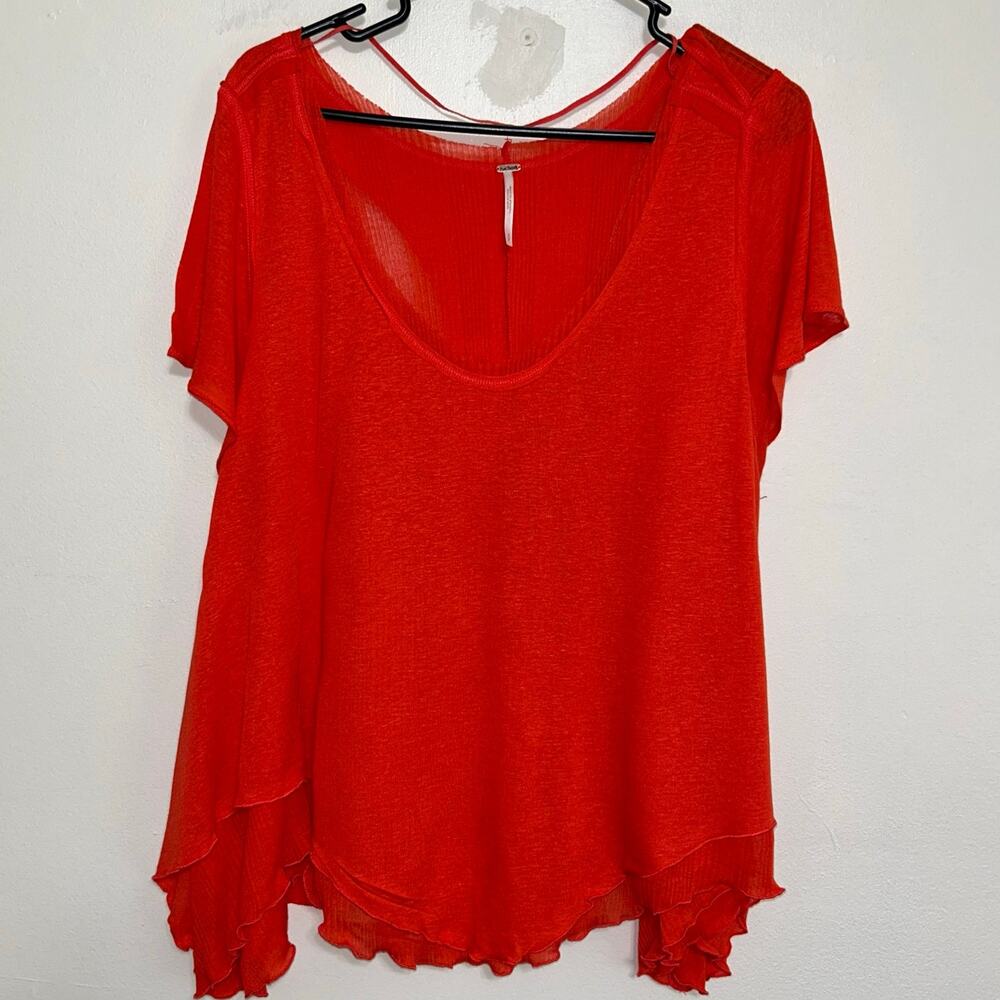 Free People Cookie Tee Red Sheer Ruffle Top NWT Size Small